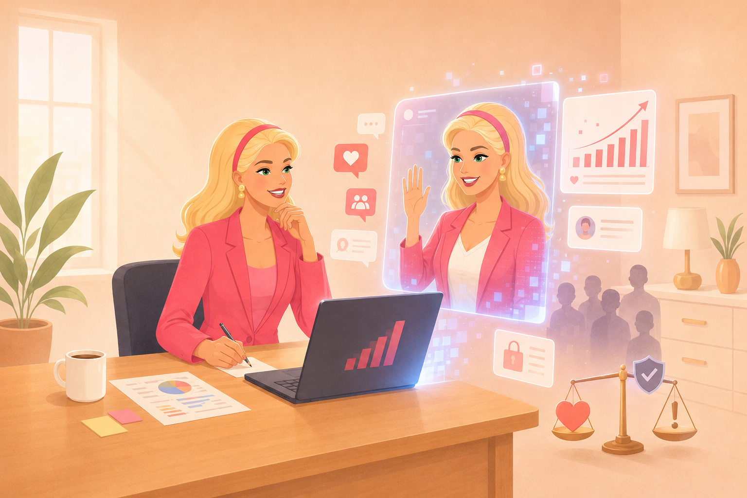 AI Influencers & Digital Twins Illustration of a marketer reviewing a holographic AI influencer digital twin with social media and ethics icons.